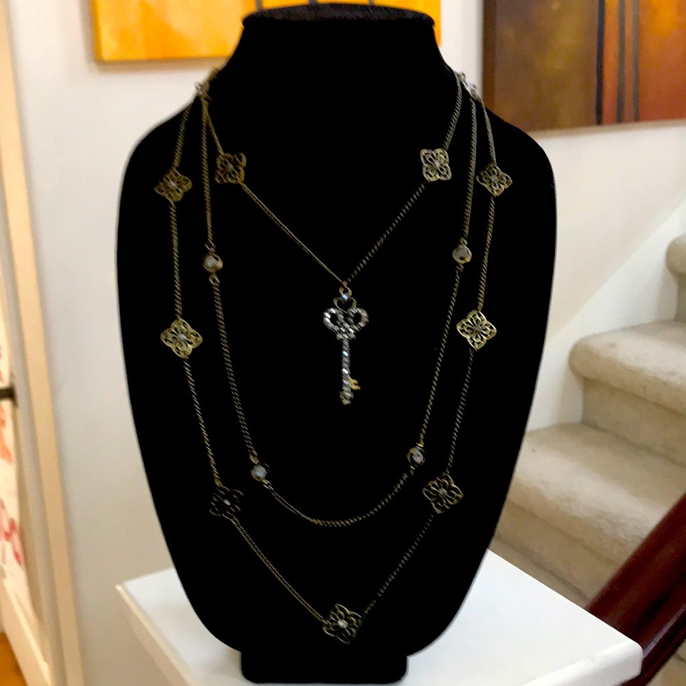 Cookie Lee 3 strand brass tone love key Necklace (Sku175)